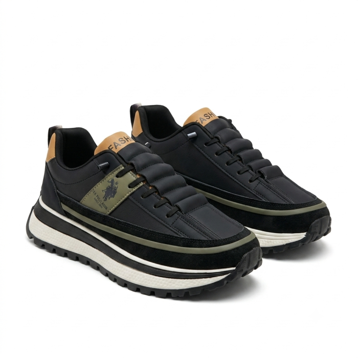 Men's Black and Olive Green Sport Sneakers