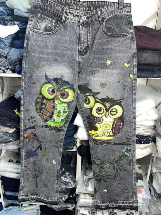 Graphic Owl Printed Acid Wash Denim Jeans