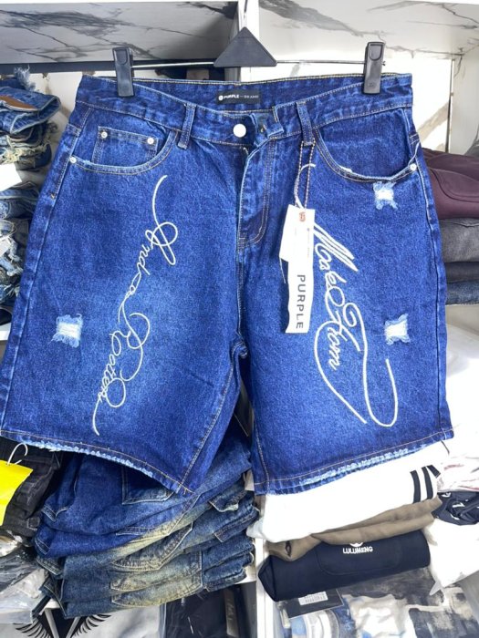 Purple Brand Embroidered Distressed Denim Shorts