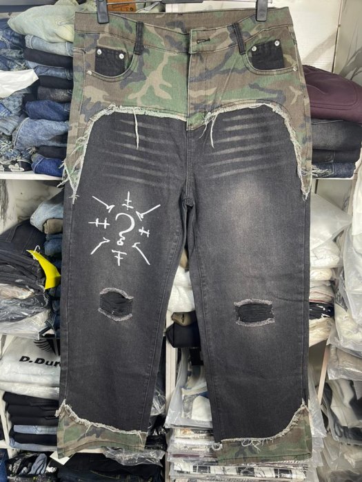 Camo Panel Distressed Black Denim Jeans