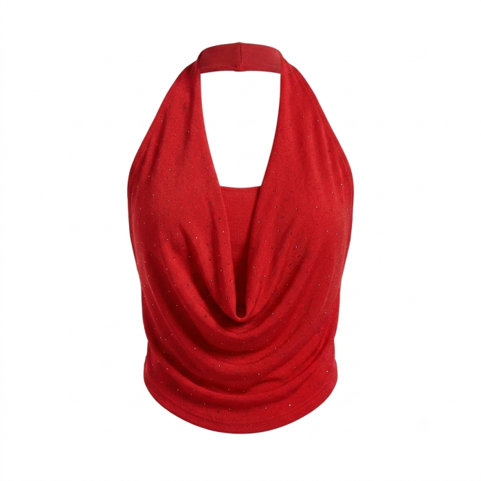 Red Shimmer Halter Neck Cowl Top