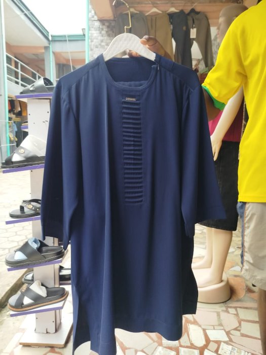 Men's Navy Blue Textured Tunic Shirt with Pleated Placket