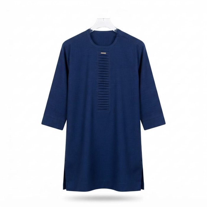 Men's Navy Blue Textured Tunic Shirt with Pleated Placket