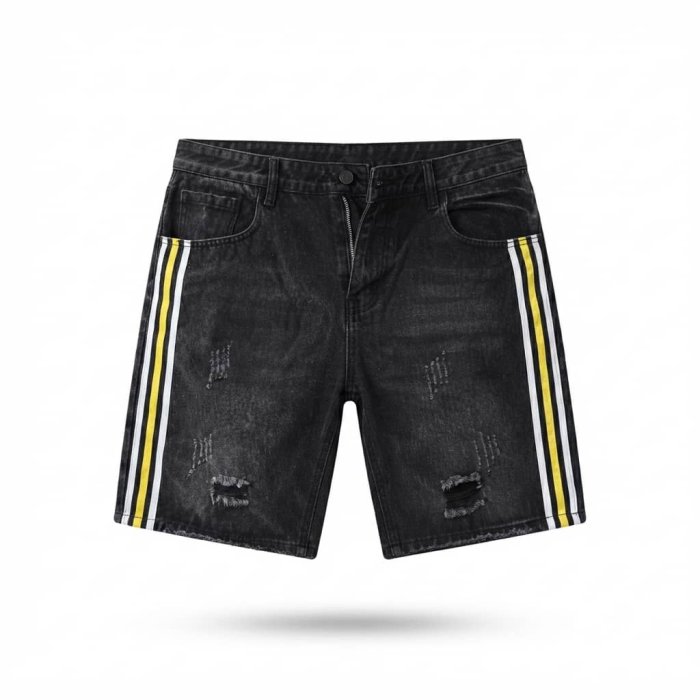 Distressed Black Denim Shorts with Yellow and White Side Stripes