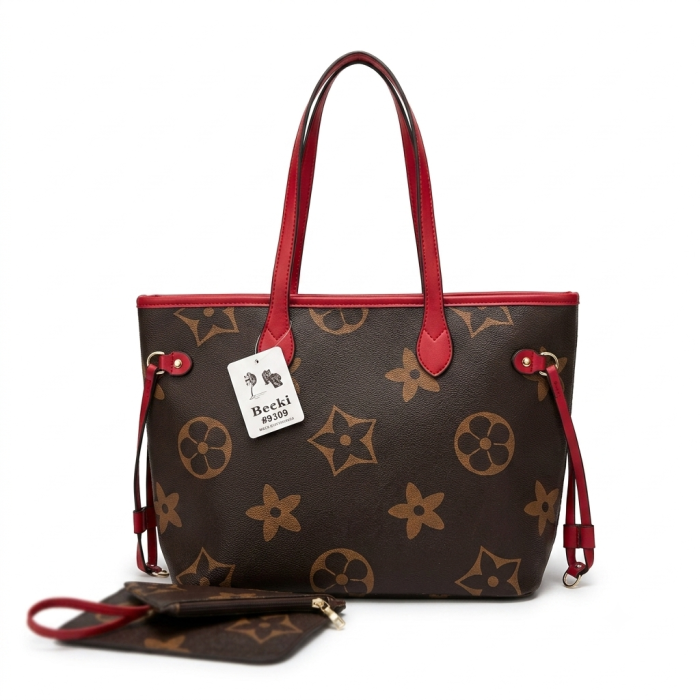 Beeki Monogram Printed Tote Bag with Red Straps & Matching Pouch