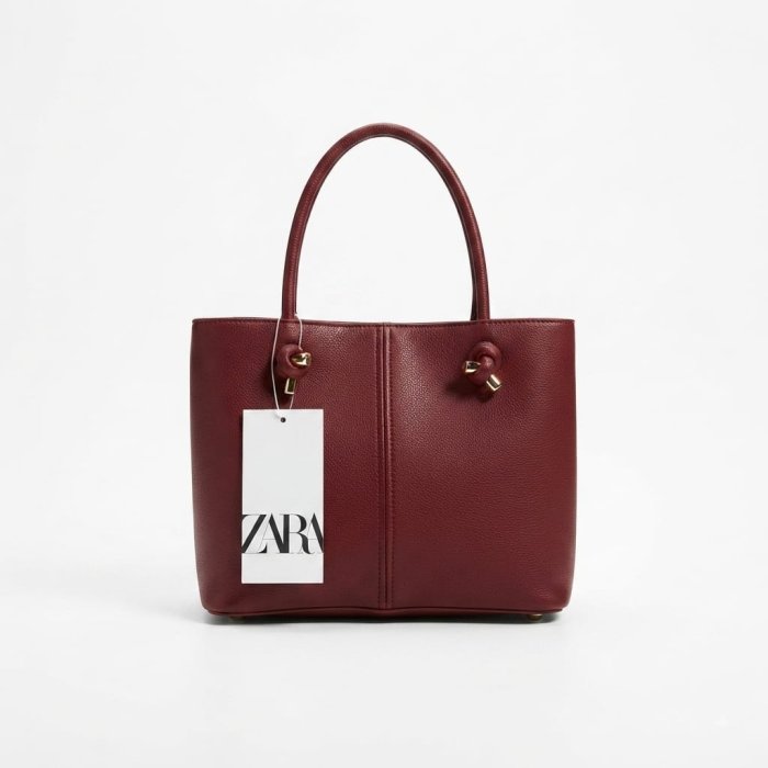 ZARA Pebbled Tote Bag - Dark Red