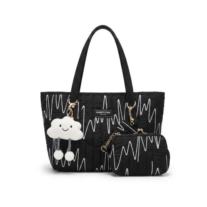 CANINE & POKA Black Quilted Tote Bag with Pouch and Cloud Charm