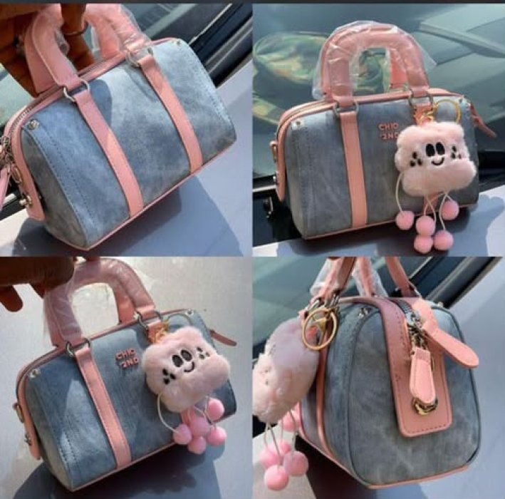 CHIC 2ND Denim & Pink Leather Mini Satchel with Plush Charm