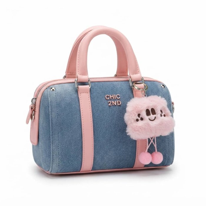 CHIC 2ND Denim & Pink Leather Mini Satchel with Plush Charm