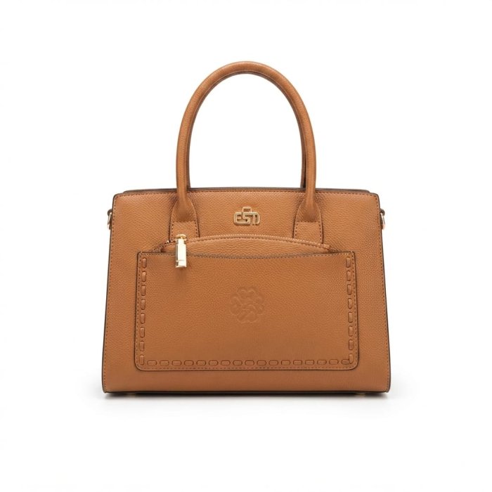 Structured Tan Satchel with Woven Pocket Detail