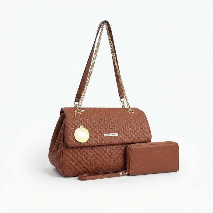 Andrea Rossi Quilted Handbag & Wallet Set - Brown