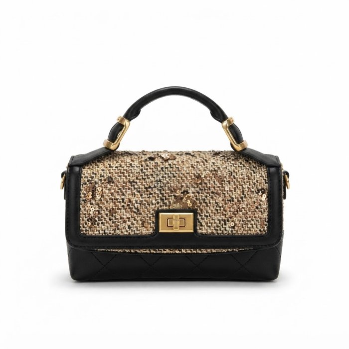 Black Tweed & Sequin Flap Handbag with Gold Hardware