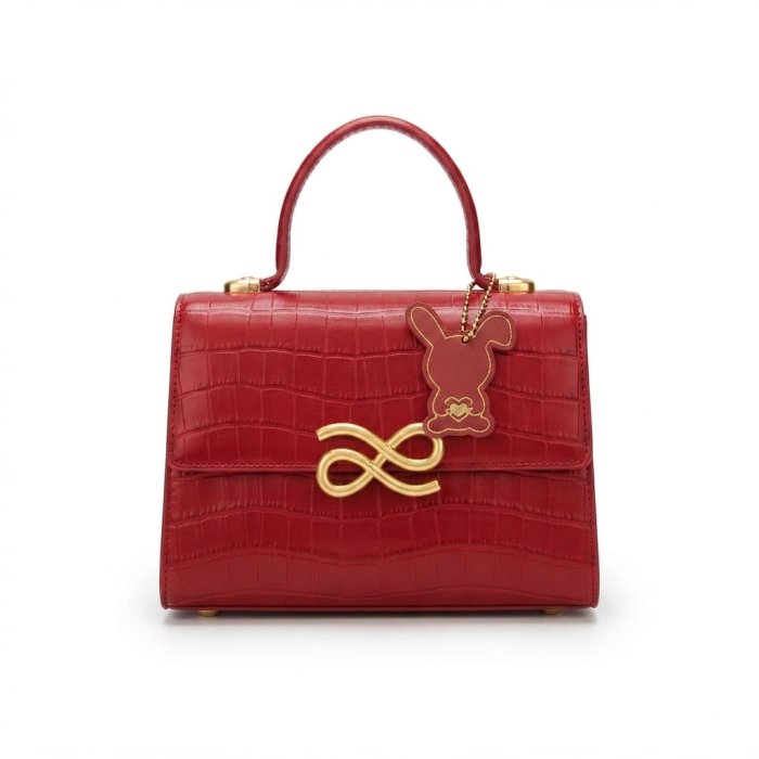 Red Croc-Embossed Top Handle Bag with Gold Bow Clasp