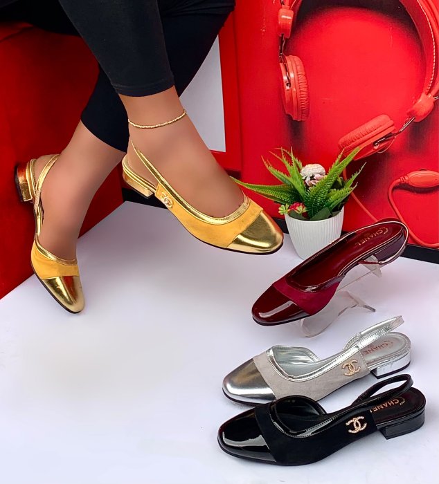CHANEL Suede & Laminated Goatskin Slingback Flat Gold