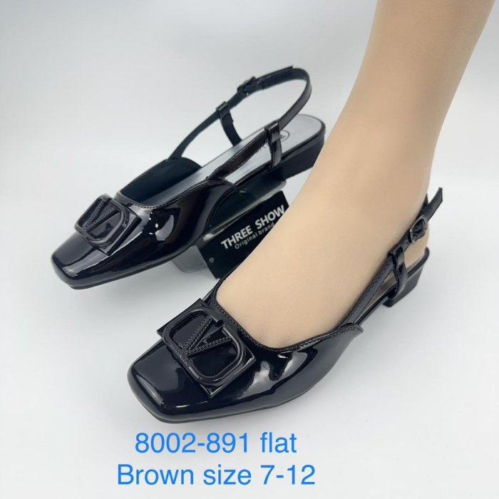 THREE SHOW Black Patent Leather Square-Toe Buckle Slingback Flats