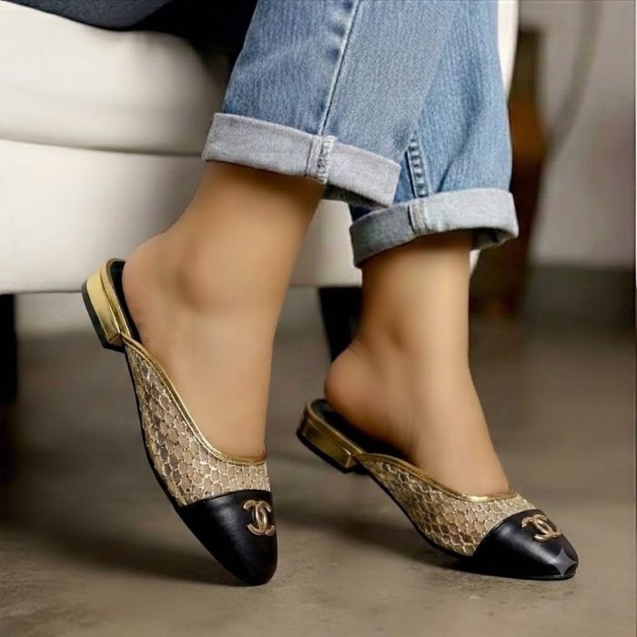 Women's Gold Mesh Black Cap-Toe Flat Mules