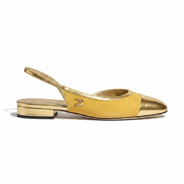 CHANEL Suede & Laminated Goatskin Slingback Flat Gold