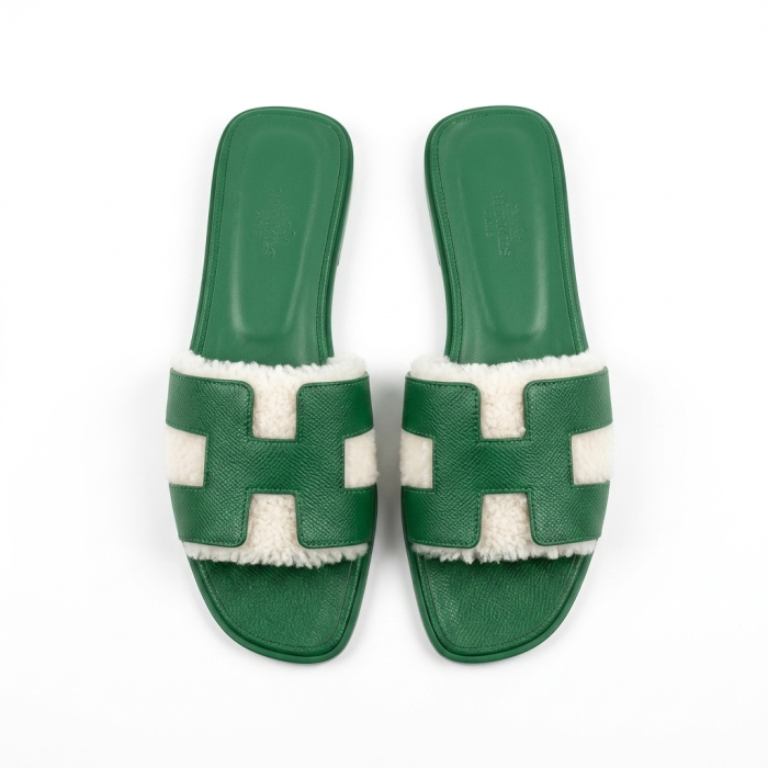 Hermès Green Leather & Shearling Sandals
