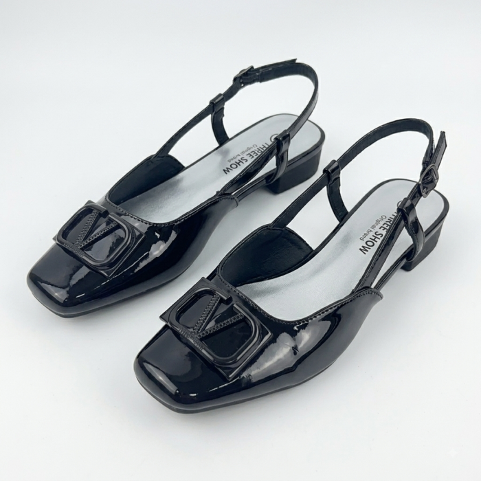 THREE SHOW Black Patent Leather Square-Toe Buckle Slingback Flats