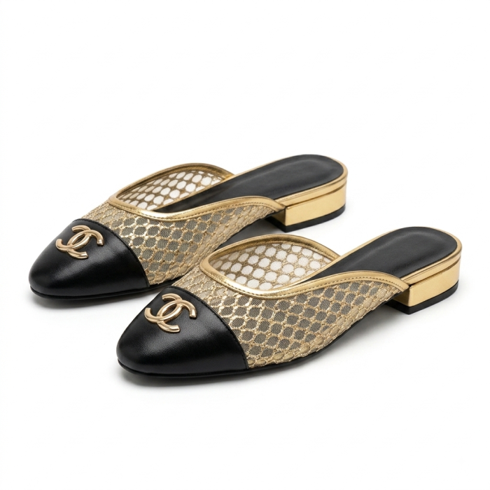 Women's Gold Mesh Black Cap-Toe Flat Mules