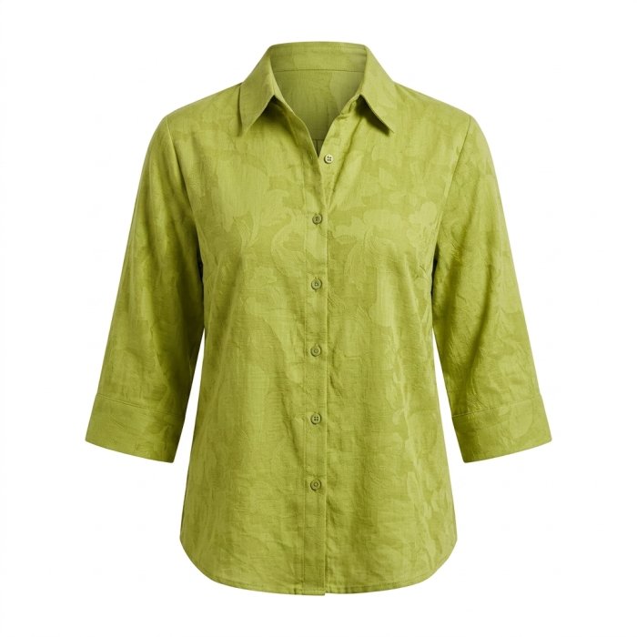 Textured Olive Green 3/4 Sleeve Button-Down Blouse