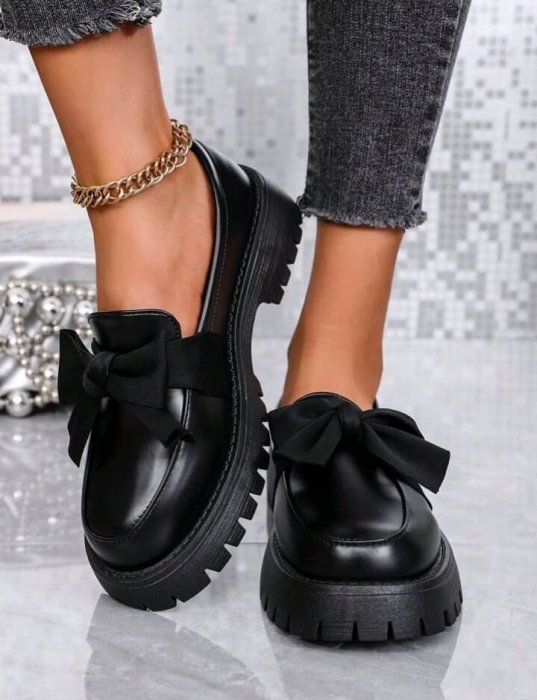 Black Chunky Platform Bow Loafers