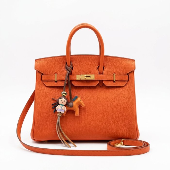 Orange Pebbled Leather Birkin-Style Handbag with Horse & Doll Bag Charms