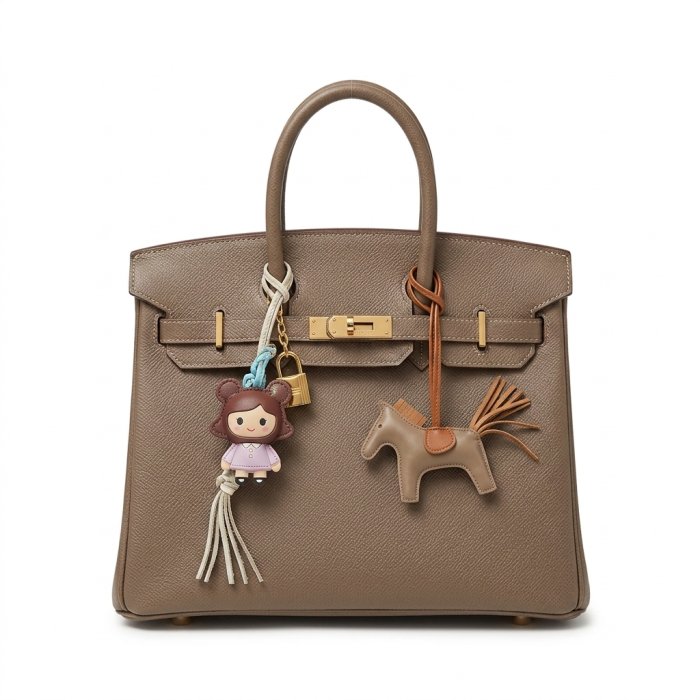 Taupe Pebbled Leather Birkin-Style Handbag with Horse & Doll Charms