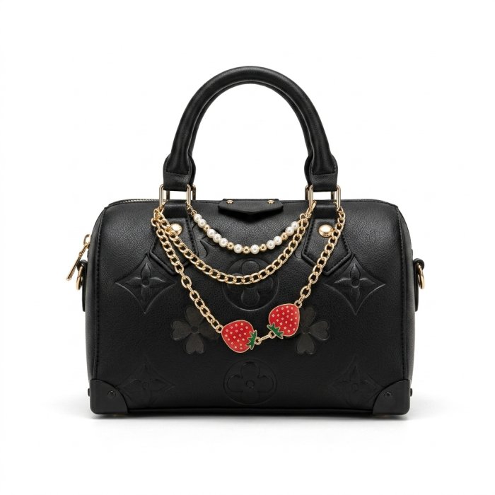 Embossed Black Leather Satchel Bag with Strawberry Chain