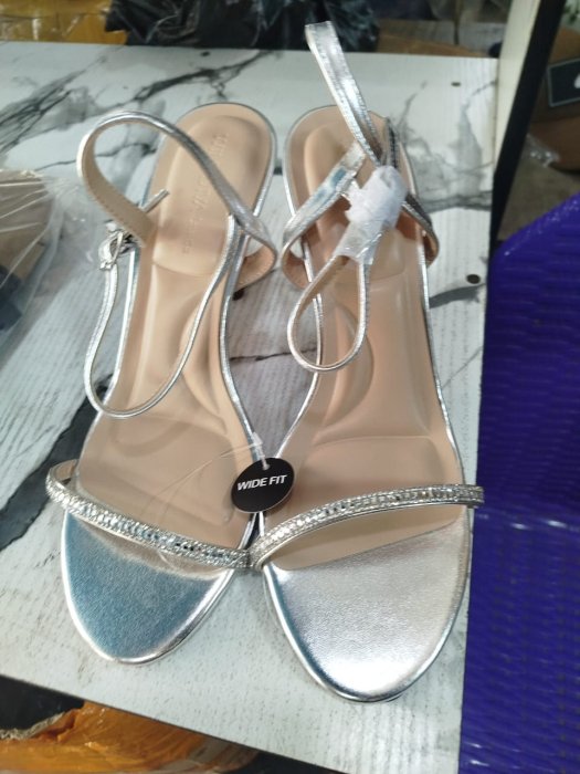 Silver Metallic Rhinestone Ankle Strap Block Heel Sandals - Wide Fit