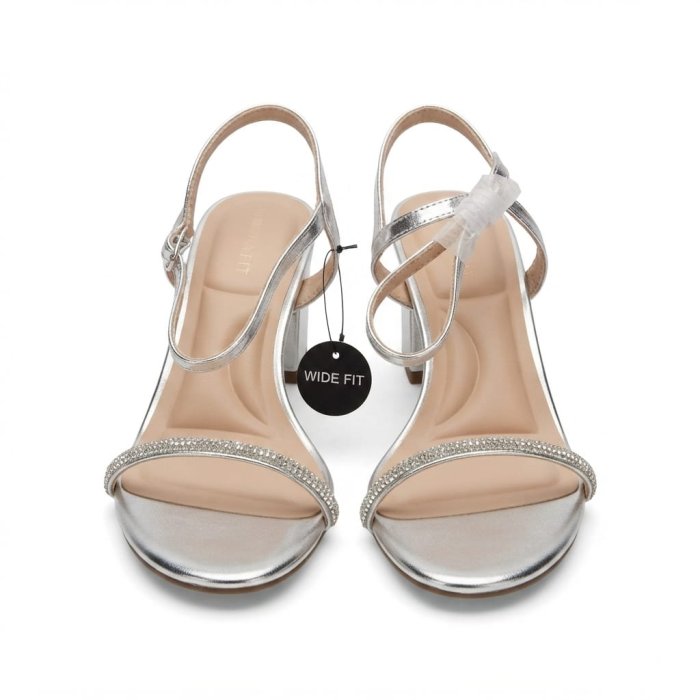 Silver Metallic Rhinestone Ankle Strap Block Heel Sandals - Wide Fit
