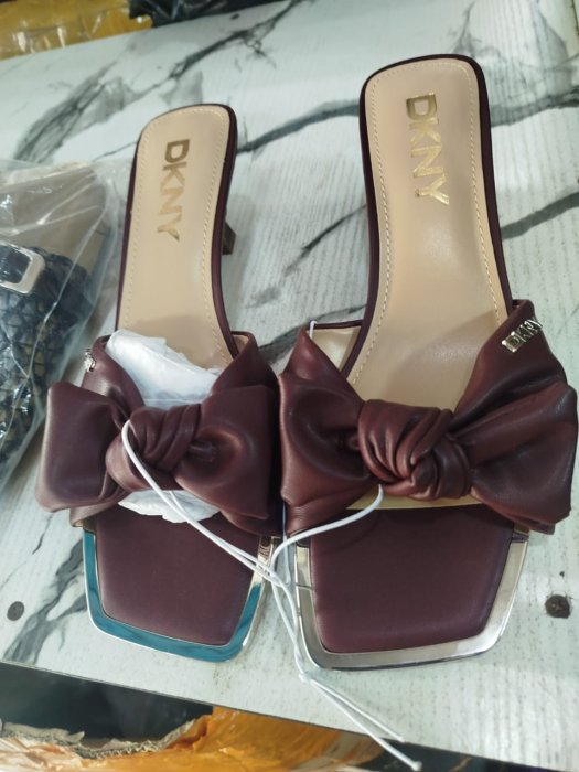 DKNY Deep Maroon Leather Bow Mules with Square Toe Hardware