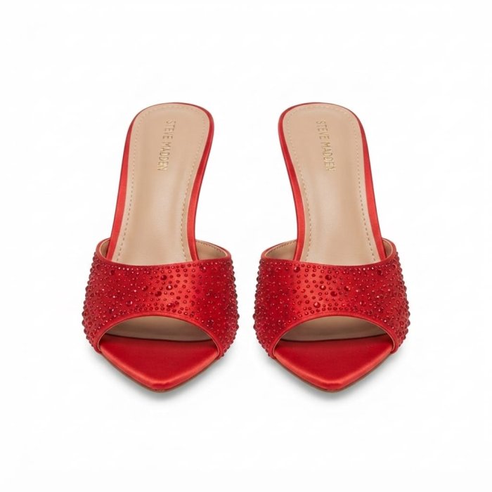 STEVE MADDEN Red Rhinestone-Studded Pointed-Toe Mules