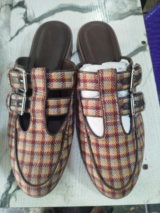 Maroon and Gold Plaid Wool Buckle-Strap Mules