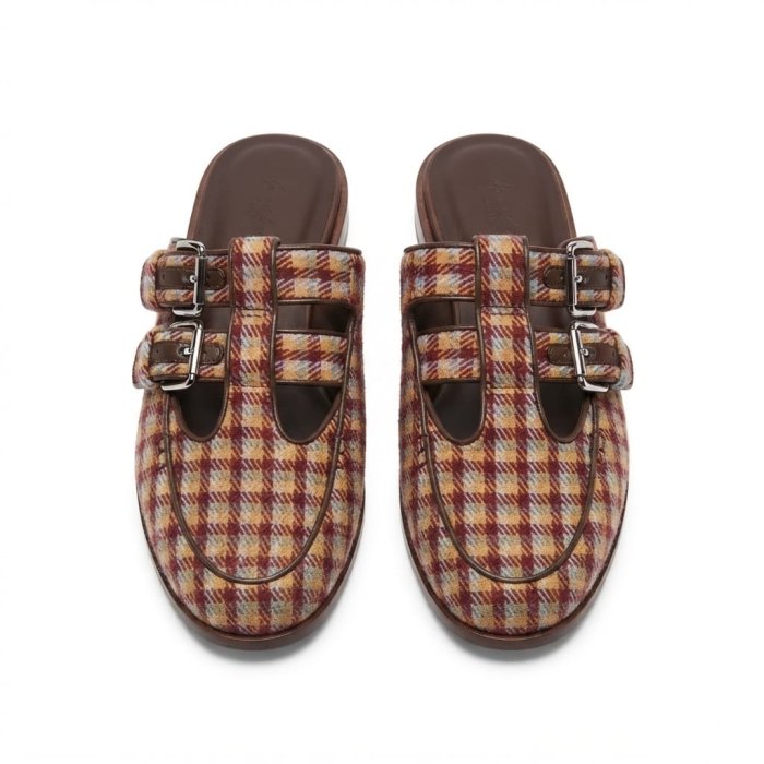 Maroon and Gold Plaid Wool Buckle-Strap Mules