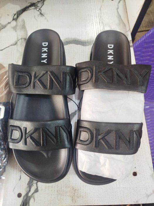 DKNY Women's Double-Strap Embossed Logo Slide Sandals - Black
