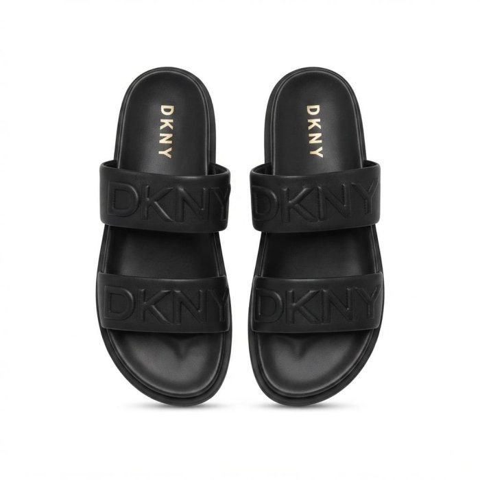 DKNY Women's Double-Strap Embossed Logo Slide Sandals - Black
