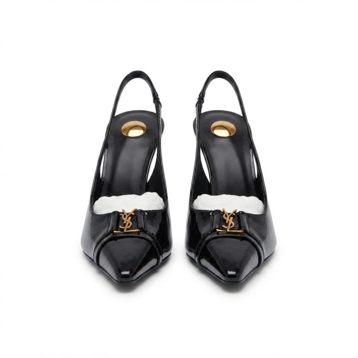 YVES SAINT LAURENT Black Patent Leather Slingback Pumps with Gold Logo