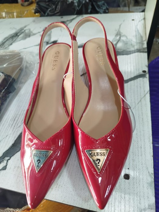 GUESS Red Patent Leather Pointed-Toe Slingback Flats with Gold Logo