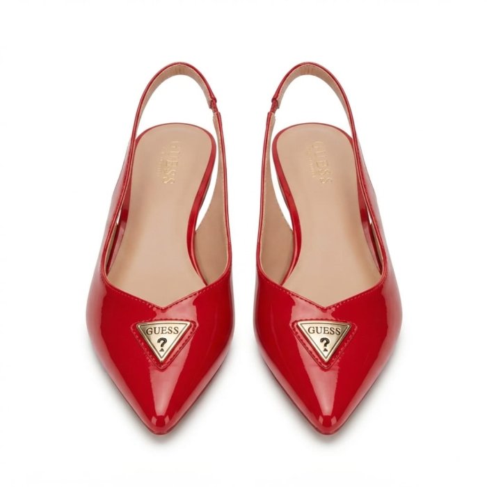 GUESS Red Patent Leather Pointed-Toe Slingback Flats with Gold Logo