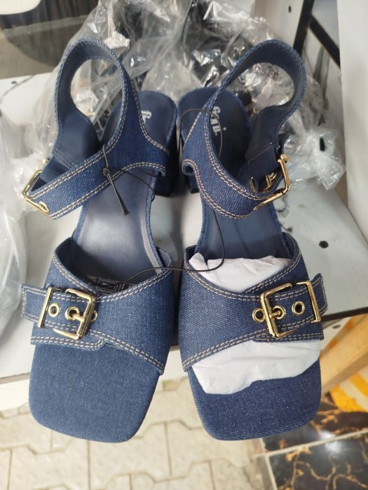 GIA Blue Denim Square-Toe Block-Heel Sandals with Gold Buckles