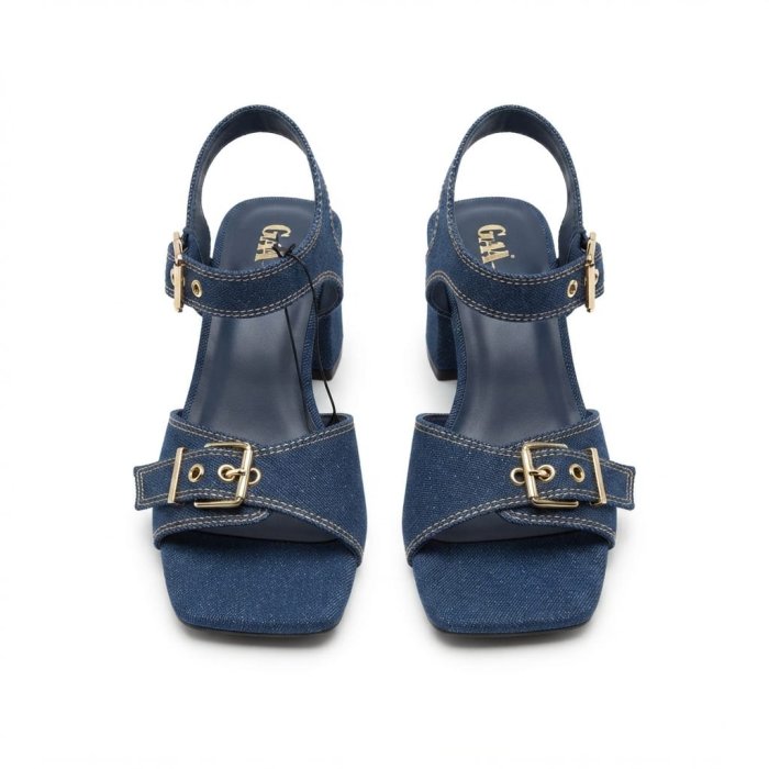 GIA Blue Denim Square-Toe Block-Heel Sandals with Gold Buckles