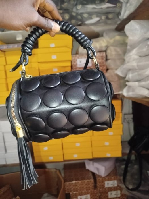 Black Textured Leather Cylindrical Handbag with Tassel