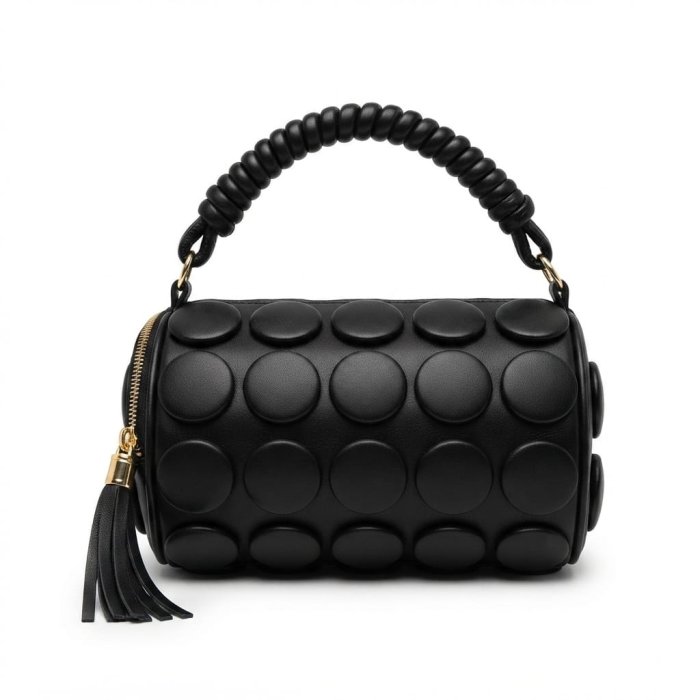 Black Textured Leather Cylindrical Handbag with Tassel