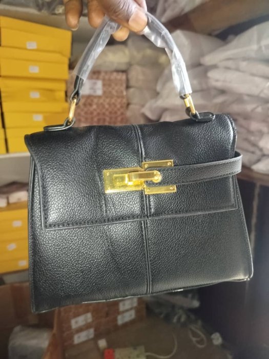 Black Textured Leather Top Handle Bag with Gold Clasp