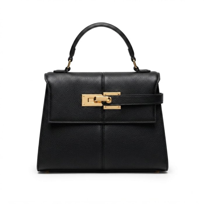 Black Textured Leather Top Handle Bag with Gold Clasp