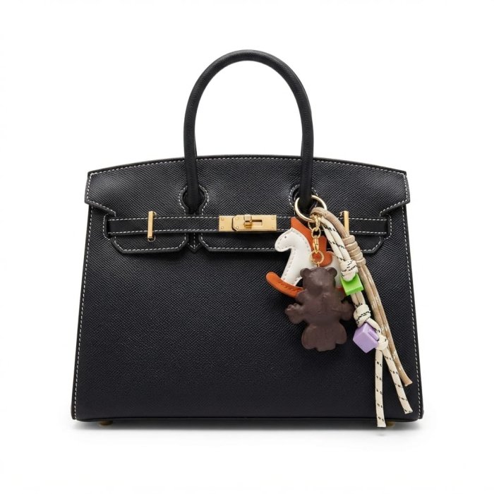 Black Textured Leather Top Handle Bag with Gold Hardware and Charms