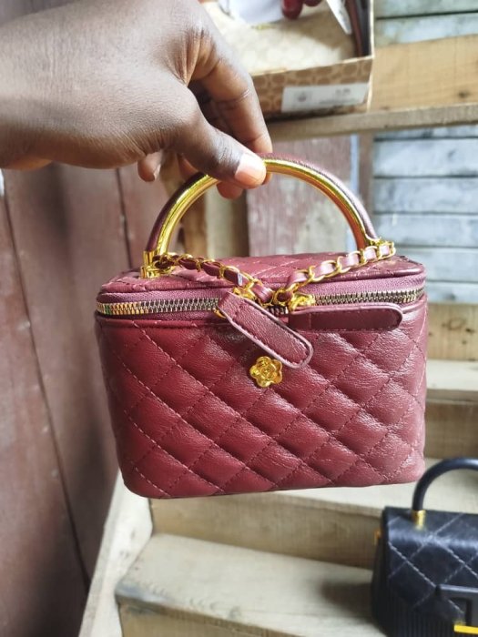 Burgundy Quilted Leather Vanity Case with Gold Camellia Emblem