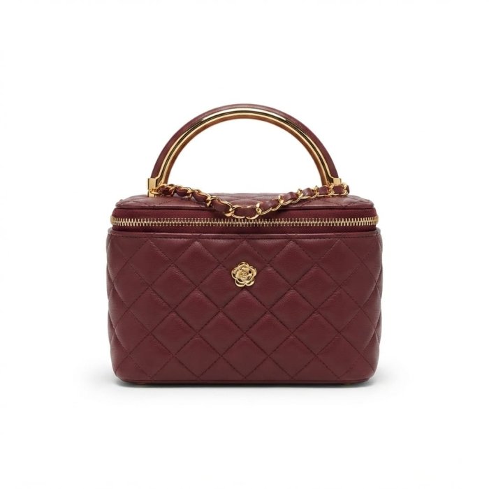 Burgundy Quilted Leather Vanity Case with Gold Camellia Emblem