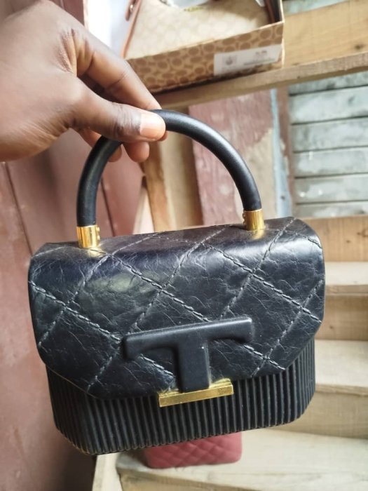 Black Quilted and Ribbed Mini Handbag with T-Clasp